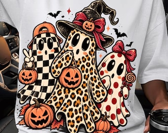 Boho Ghost Trio PNG | Checkerboard Leopard Ghost | Pumpkin Coquette Halloween | Cute Sublimation Design | Retro Fall Digital Download