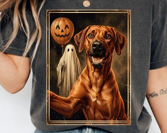 Rhodesian Ridgeback Halloween PNG, Ghost Selfie Dog PNG, Pumpkin Balloon Spooky Dog, Funny Halloween Dog Meme, Ridgeback Digital Download