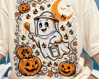 Apicultor de Halloween PNG, Clip art de abeja fantasma adorable, Diseño de colmena de calabaza en acuarela, Descarga digital de otoño espeluznante PNG