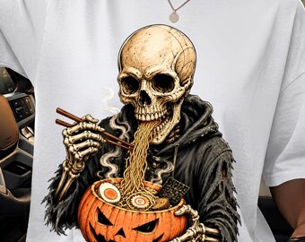Skeleton Skull Eating Ramen Cute Anime Halloween Boys Girls PNG, Spooky Japanese Food Design, Halloween Digital Download