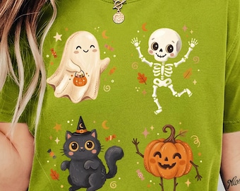 Niedliche Halloween-PNG-Datei, Geister-Skelett-Kürbis-Katze-PNG-Datei, Kawaii-Grusel-Herbst-Clipart, Sublimationsdesign, Digitaler Download