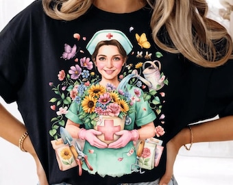 PNG de enfermera sonriente haciendo jardinería, imágenes prediseñadas florales médicas lindas, diseño de maceta con cruz, descarga digital PNG de agradecimiento a las enfermeras
