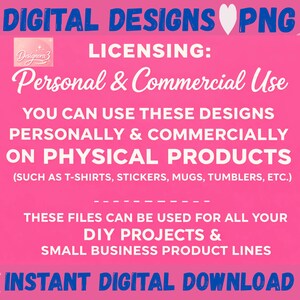 Puede incluir: Fondo rosa con texto en blanco y azul, que anuncia dise&ntilde;os digitales. El texto incluye "Uso personal y comercial" y detalles sobre el uso de los dise&ntilde;os en productos f&iacute;sicos como camisetas y pegatinas. La imagen tambi&eacute;n menciona "Descarga digital instant&aacute;nea."