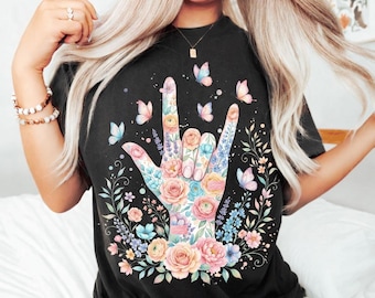 Botanical ASL I Love You PNG , American Sign Language Floral Butterfly Design, Deaf Awareness Digital Download, Cute ASL Hand Sign Art