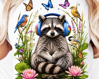 Ruhige Waschbär-Sensorik-Kopfhörer PNG: Aquarell-Naturkunst zur Sensibilisierung für Autismus (Digitaler Download)