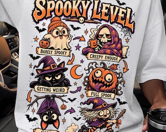 Funny Halloween Shirt Design , Spooky Level Halloween PNG, Ghost Skeleton Black Cat Pumpkin Bat Witch , Spooky Season Digital Download