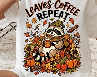 Waschbär-Kaffeeliebhaber-Herbstlaub-PNG: Gemütliches Wald-Herbstdesign (Digitaler Download)