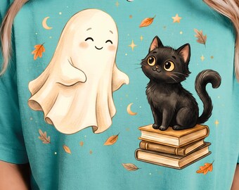 Niedliche Geisterkatze (PNG), Halloween-Buchliebhaber-PNG, Lustige Katze beim Lesen (Clipart), Gruseliges Kawaii-Herbst-Sublimationsdesign, Digitaler Download