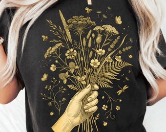 Vintage Glühwürmchen Wildblumen Boho Naturliebhaber PNG Menschliche Hand hält Wildblumenstrauß PNG: Botanische Wiese PNG (Digitaler Download)