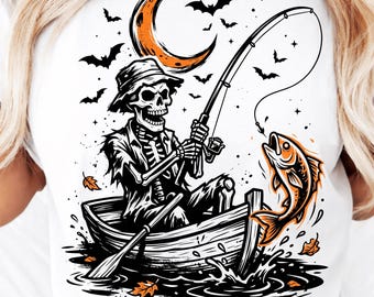 Imagen PNG de pesca espeluznante, imágenes prediseñadas de pescador esqueleto, arte de acuarela de pez fantasma, diseño PNG de descarga digital de escena de lago de Halloween