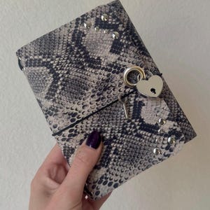 Heart Padlock Python Print Leather Trifold Journal Handmade A6/A5