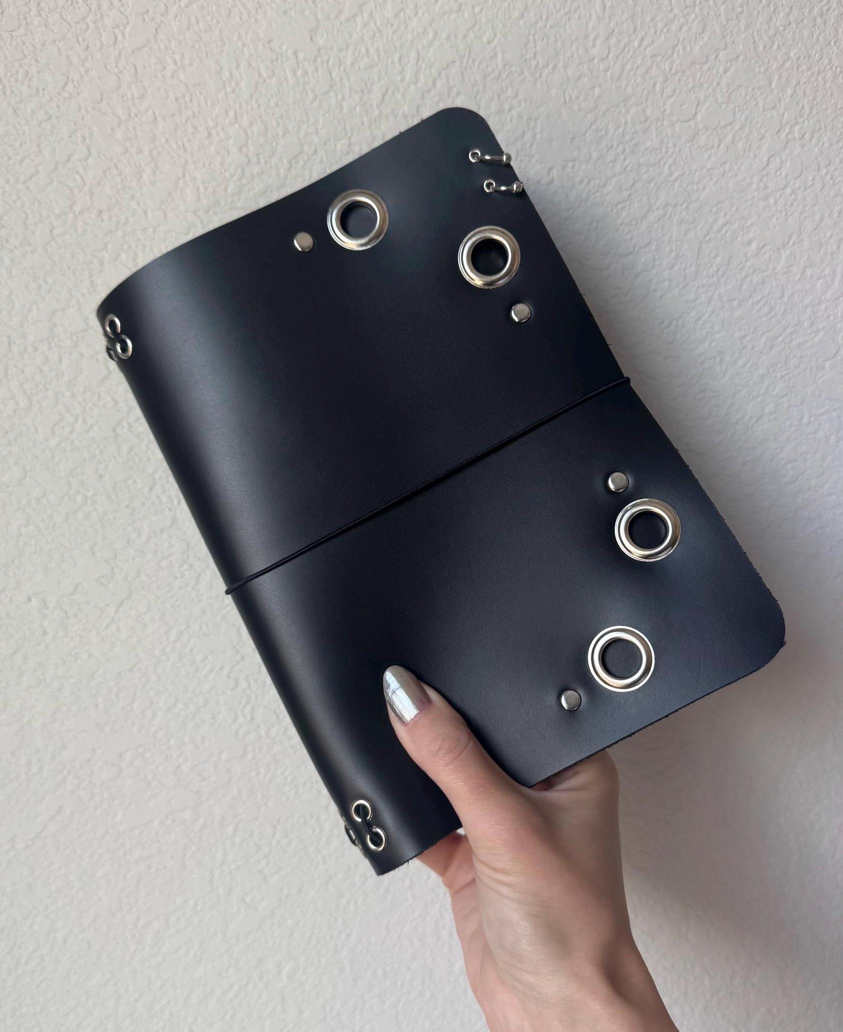 A5 Studded/Grommet Black Leather Trifold Journal Handmade