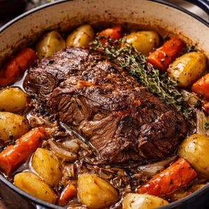 May include: A close-up shot of a pot roast with vegetables. The dish features a large piece of browned meat surrounded by golden potatoes, orange carrots, and sprigs of fresh herbs. The pot is dark blue with black handles.