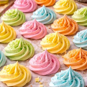 Könnte beinhalten: Nahaufnahme von bunten, aufgespritzten Baiser-Keksen. Die Baisers sind in Rosa, Blau, Gelb, Grün und Orange gehalten. Sie sind auf einem mit Backpapier ausgelegten Backblech angeordnet.