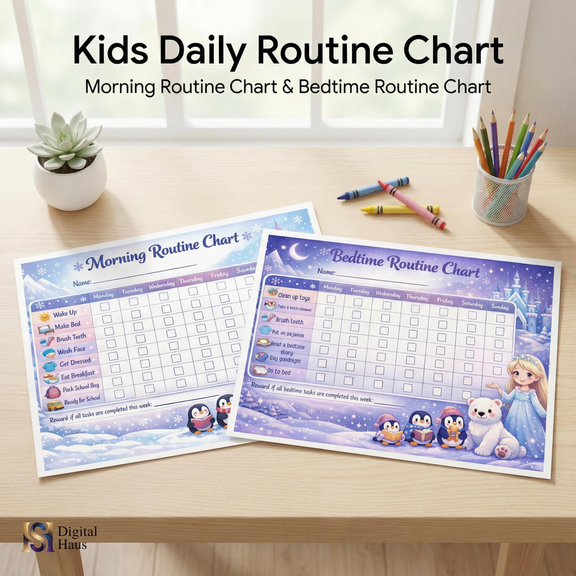 Kids Morning & Bedtime Routine Chart Printable | Snow Princess Daily ...