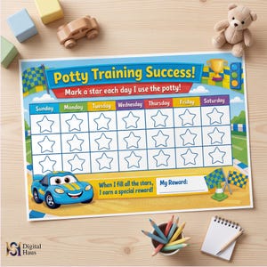 May include: A colorful potty training chart with the text "Potty Training Success!" and a blue race car illustration. The chart has spaces for stars for each day of the week, with a reward section.