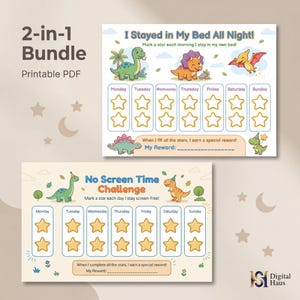 May include: A 2-in-1 bundle of printable PDF charts. One chart is titled "I Stayed in My Bed All Night!" and the other is "No Screen Time Challenge." Both charts feature dinosaur illustrations and star-shaped boxes for tracking progress.