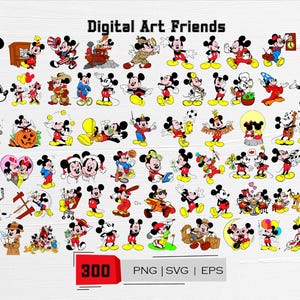 May include: A collection of Mickey Mouse character illustrations in various poses and outfits. The image includes the text "Digital Art Friends" at the top and "300 PNG | SVG | EPS" at the bottom. The illustrations feature Mickey in different scenarios.