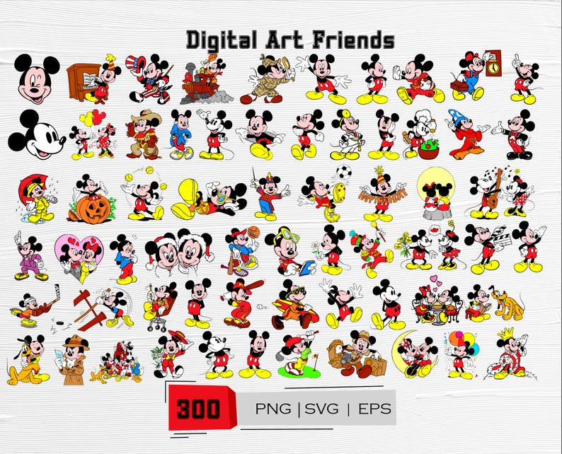 May include: A collection of Mickey Mouse character illustrations in various poses and outfits. The image includes the text "Digital Art Friends" at the top and "300 PNG | SVG | EPS" at the bottom. The illustrations feature Mickey in different scenarios.