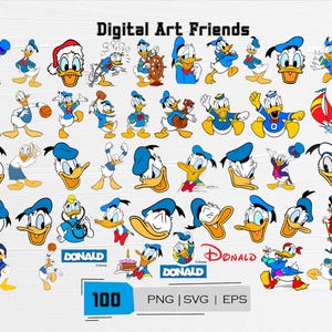 May include: A collection of 100 digital art images featuring Donald Duck in various poses and outfits. The images include Donald Duck with a Santa hat, playing sports, and more. The text "Digital Art Friends" and "DONALD" are also visible.