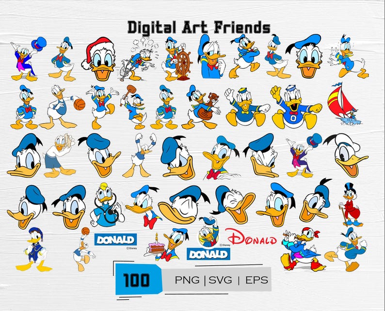 May include: A collection of 100 digital art images featuring Donald Duck in various poses and outfits. The images include Donald Duck with a Santa hat, playing sports, and more. The text "Digital Art Friends" and "DONALD" are also visible.