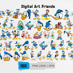 May include: A collection of 100 digital art images featuring Donald Duck in various poses and styles. The images include Donald Duck with Mickey Mouse, Daisy Duck, and other Disney characters. The text "Digital Art Friends" is at the top.