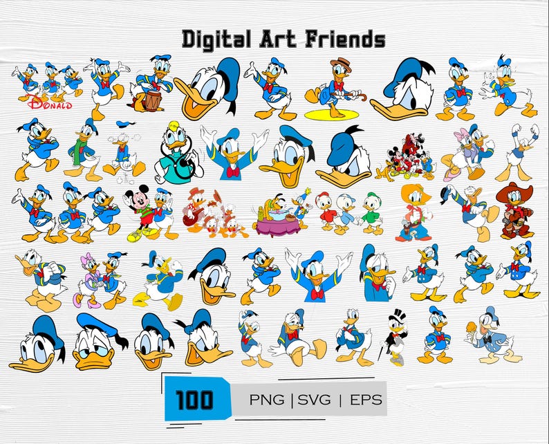 May include: A collection of 100 digital art images featuring Donald Duck in various poses and styles. The images include Donald Duck with Mickey Mouse, Daisy Duck, and other Disney characters. The text "Digital Art Friends" is at the top.