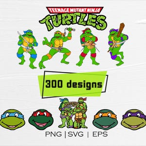 Op de afbeelding: Een afbeelding met het Teenage Mutant Ninja Turtles-logo en illustraties van de vier schildpadden in actieposes. De afbeelding bevat de tekst "300 designs" en bestandstype-indicatoren: PNG, SVG en EPS.