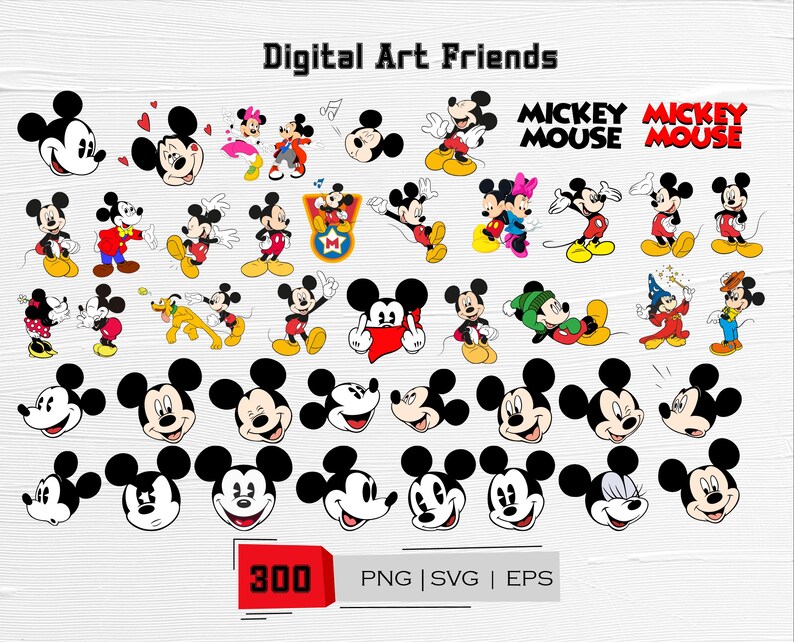 May include: A collection of Mickey Mouse digital art designs in various poses and expressions. The image includes the text "Digital Art Friends," "Mickey Mouse," and file type information. A red box displays the number "300."