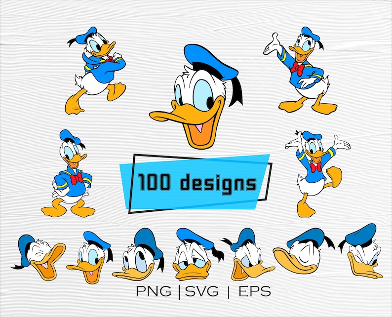 May include: A collection of Donald Duck illustrations in various poses and expressions. Donald is wearing his signature blue sailor shirt, bow tie, and hat. The image includes the text "100 designs" and file type indicators.
