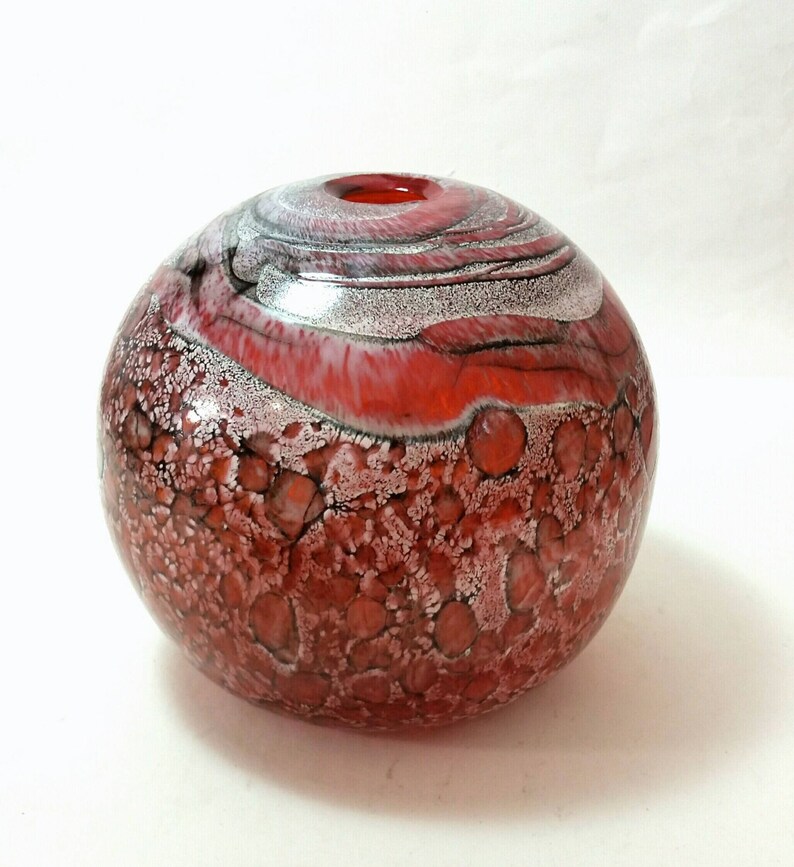 Red Hand Blown Glass Vase Round With Black and White Etsy