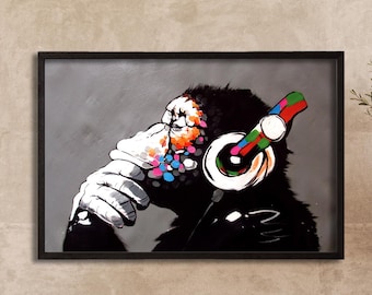 Thinking Monkey hoofdtelefoon canvas muurkunst print, muziek grappige straatgraffiti canvas, Banksy Dj Gorilla Thinker kwekerij groot ingelijst decor
