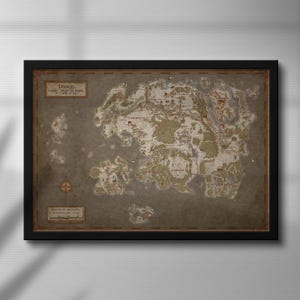 Framed Skyrim World Map Canvas Print Tamriel Fantasy Map Elder Scrolls Style Vintage RPG Game Map Poster Medieval Decor