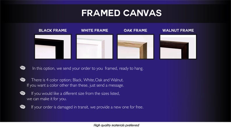 Op de afbeelding: Afbeelding met ingelijste canvasopties. Bevat voorbeelden van zwarte, witte, eiken en walnoot frames. Tekst geeft aan dat de bestelling ingelijst en klaar om op te hangen wordt verzonden, met vier kleuropties. Aangepaste maten zijn beschikbaar.