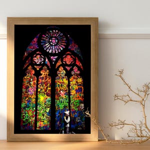 Framed Banksy Graffiti Canvas Print Stained Glass Window Urban Street Art Large Color Splash Statement Wall Art for Modern Interior Decor