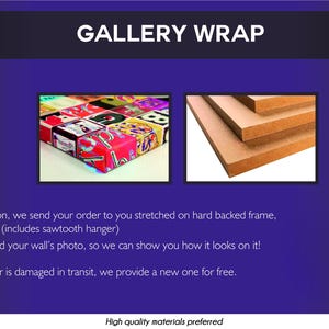 Op de afbeelding: Afbeelding met een gallery wrap optie. De tekst "GALLERY WRAP" staat bovenaan. Er worden twee afbeeldingen getoond: een ingelijste canvas print en een stapel houten panelen. De tekst eronder beschrijft de service.