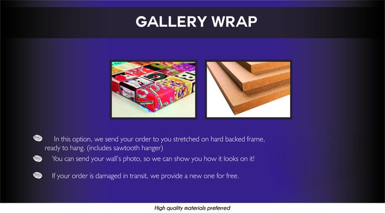 Op de afbeelding: Afbeelding met een gallery wrap optie. De tekst "GALLERY WRAP" staat bovenaan. Er worden twee afbeeldingen getoond: een ingelijste canvas print en een stapel houten panelen. De tekst eronder beschrijft de service.