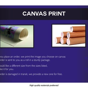 Op de afbeelding: De afbeelding toont het concept van een canvas print. De tekst "CANVAS PRINT" staat bovenaan. Twee afbeeldingen tonen een opgerolde canvas print en opgerolde prints in bruine kokers. Tekst hieronder beschrijft het proces en de kwaliteit.