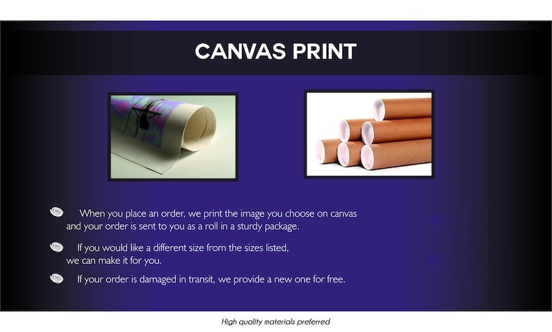 Op de afbeelding: De afbeelding toont het concept van een canvas print. De tekst "CANVAS PRINT" staat bovenaan. Twee afbeeldingen tonen een opgerolde canvas print en opgerolde prints in bruine kokers. Tekst hieronder beschrijft het proces en de kwaliteit.