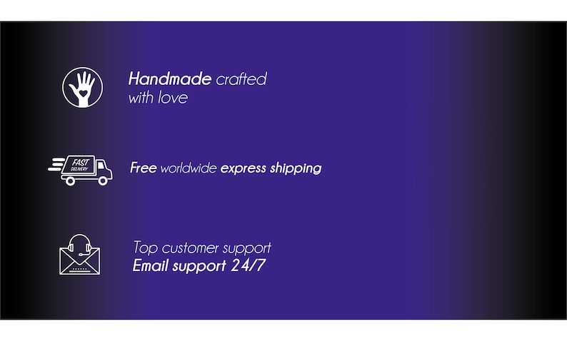 Op de afbeelding: Afbeelding op een paarse gradi&euml;nt achtergrond met witte pictogrammen en tekst. De tekst bevat "Handmade crafted with love", een vrachtwagenpictogram met "FAST DELIVERY" en "Free worldwide express shipping". Ook een envelop-pictogram met "Top customer support Email support 24/7."
