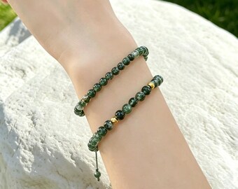 Adjustable Moss Agate Beaded Bracelet, Green Gemstone Gold Accents, Stackable Jewelry