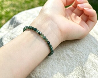 Natural Moss Agate Beaded Bracelet, 4mm Green Crystal Gemstone Jewelry