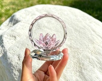 Adorno de loto de cristal rosa, figura de flor de cristal con marco redondo, regalo de decoración para mesa o ventana
