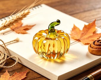 Figura de calabaza de vidrio soplado a mano, mini adorno de cristal otoñal, decoración de mesa para otoño.