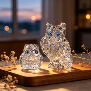 Könnte beinhalten: Zwei Eulenfiguren aus klarem Glas mit facettierten Oberflächen und leuchtend blauen, kreisförmigen Augen. Die größere Eule steht aufrecht, während die kleinere Eule kürzer und runder ist. Beide Figuren weisen komplexe Texturmuster auf.