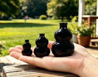 Calabaza de obsidiana natural, adorno de calabaza de cristal negro para la decoración del hogar y la oficina.