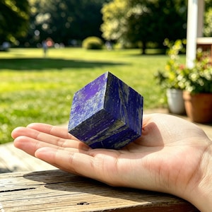 May include: A deep blue cube-shaped stone with white veining, held in a hand. The stone has a polished surface and appears to be a decorative item or a piece of art. The cube is approximately 5 cm on each side.