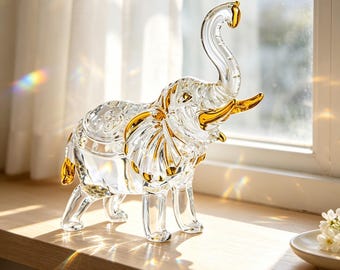 Hand Blown Glass Elephant Figurine, Crystal Animal Statue with Gold Trim, Tabletop Decor Ornament