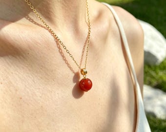 Red Agate Pendant Necklace, Natural Red Gemstone Necklace, Gold Plated Silver Chain, Minimalist Jewelry Gift