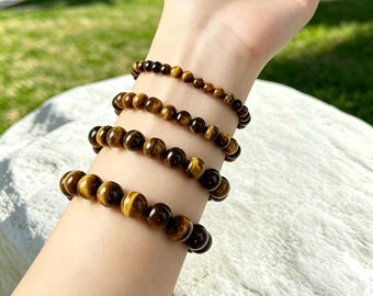 Natural Tiger Eye Beaded Bracelet, 4mm/6mm/8mm/10mm Stretch Stone Bead Bracelet, Crystal Jewelry Gift